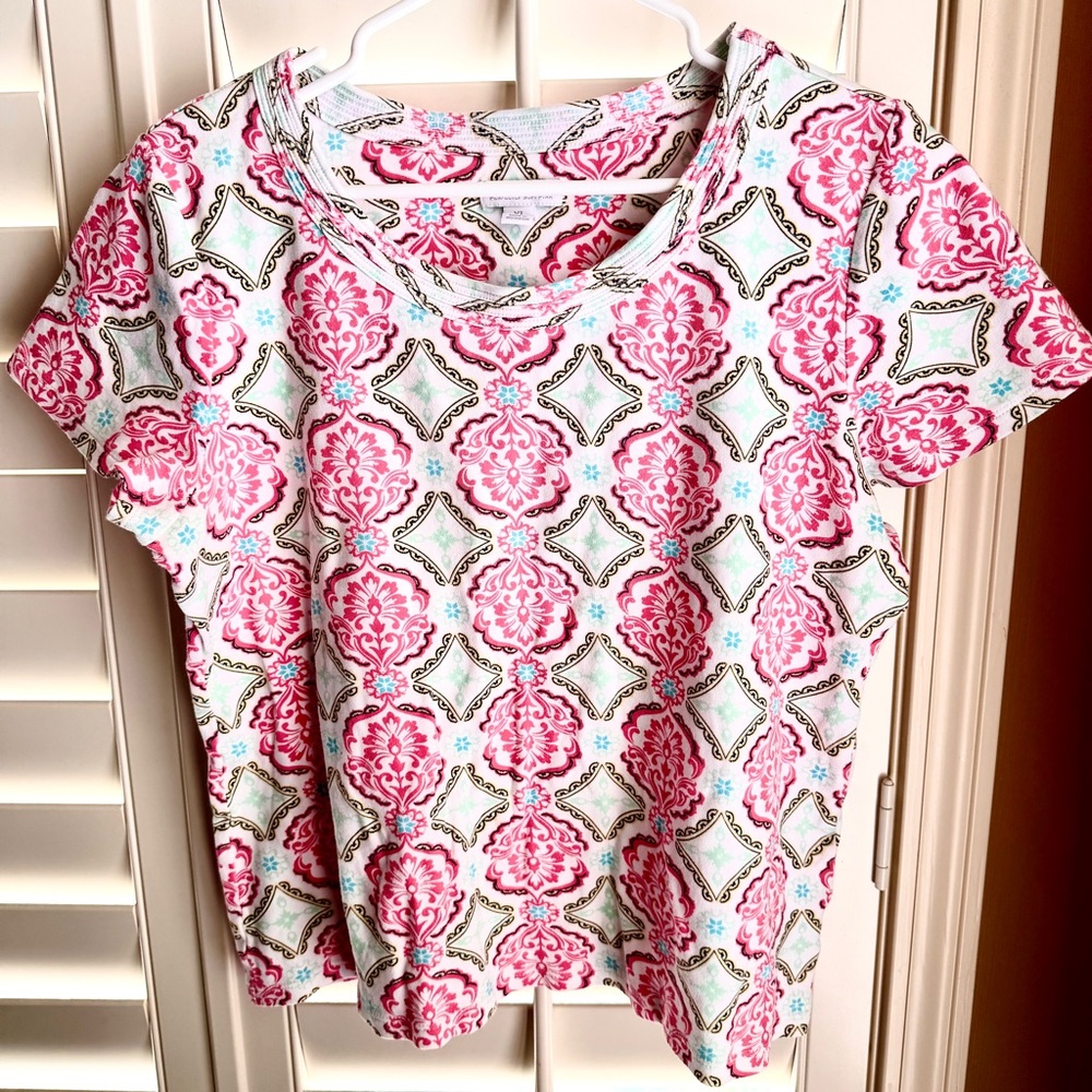 Charter Club Pima Cotton XL Pink Green Damask Print Short Sleeve Tee Shirt